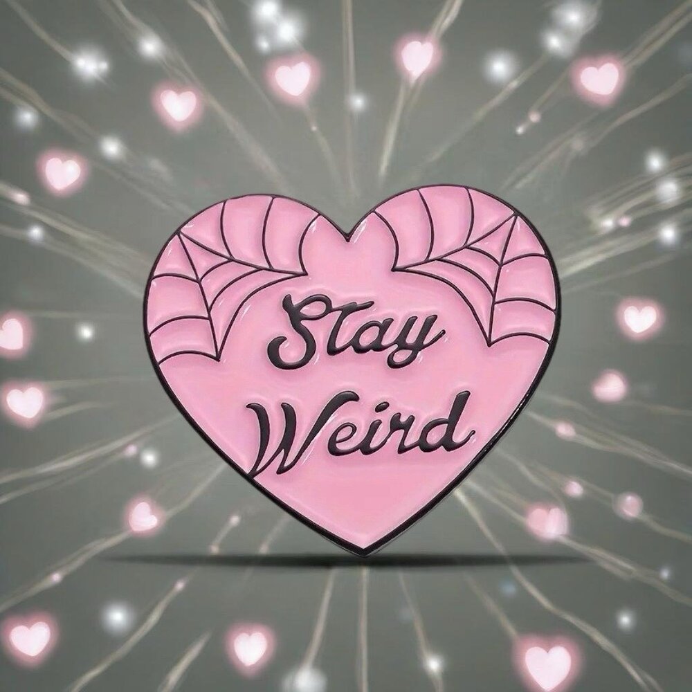 Stay Weird NEW Pin Brooch Pink Enamel Black Metal Spiderweb Fun Spooky Goth